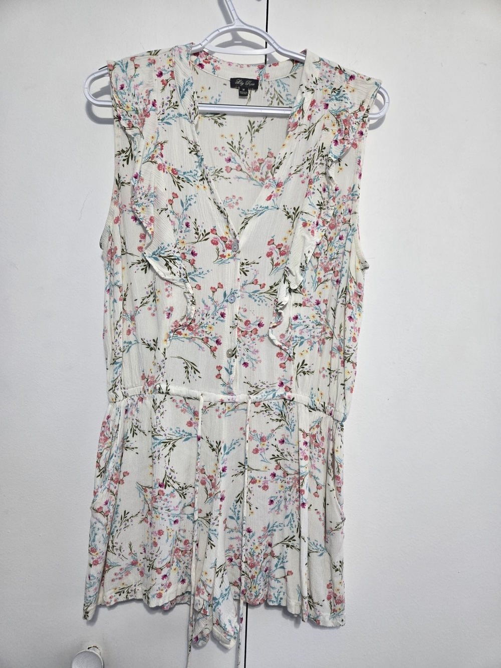 Lily Rose Floral Romper Medium Ivory Pink Boho Ruffle Pockets